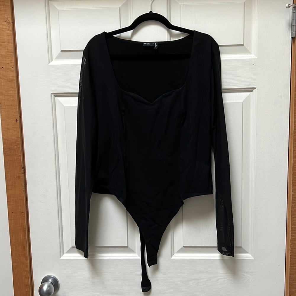 ASOS long sleeved bodysuit with sweetheart neckline and mesh sleeves